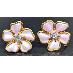 Vintage Floral Earrings, Pink Flowers, Rhinestone, Gold-tone, Screw Back